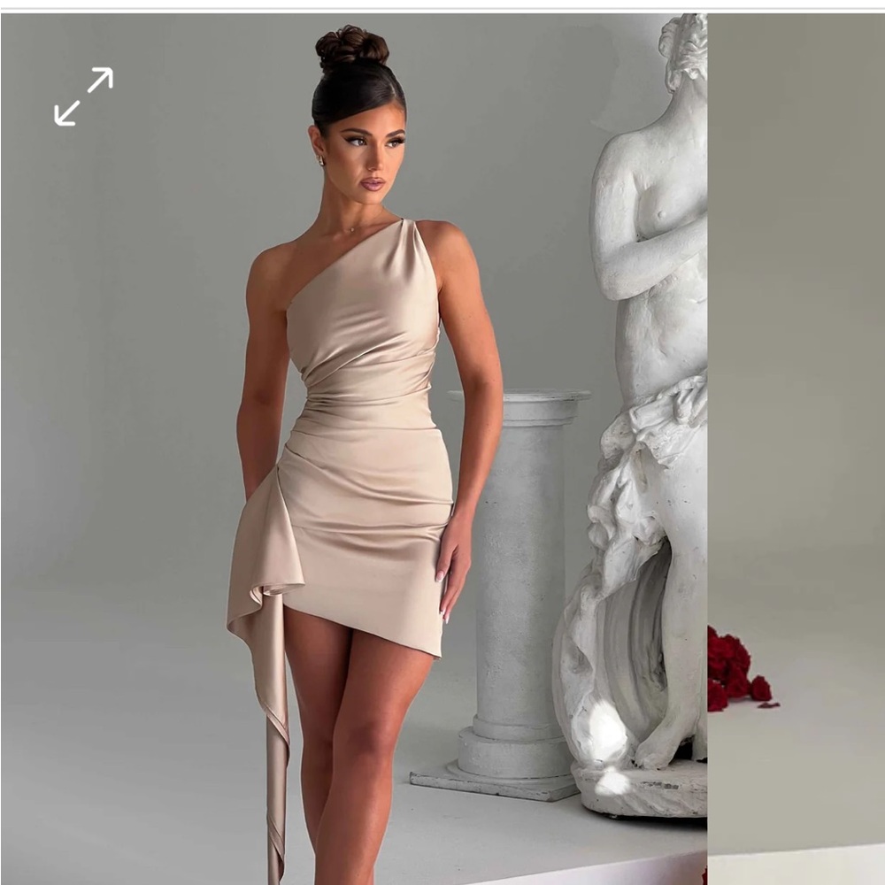 Tan Asymmetrical Ruched One Shoulder Dress